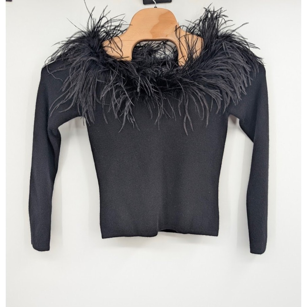 Lauren Ralph Lauren Ostrich Feather-Trim Off-the-Shoulder Knit Top Black NWT S